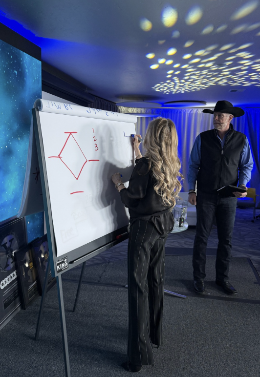 Larry and Staci Wallace coaching in front of a strategy board